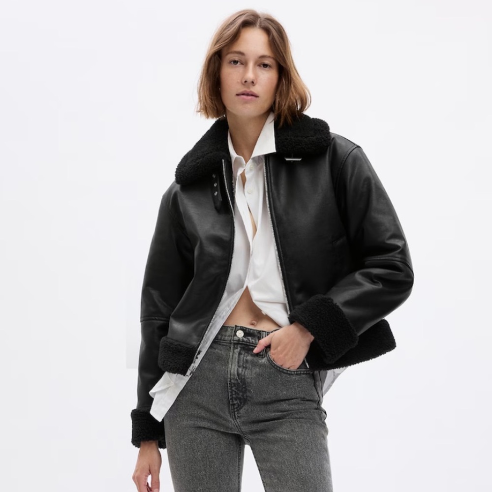 Vegan leather sherpa trim jacket